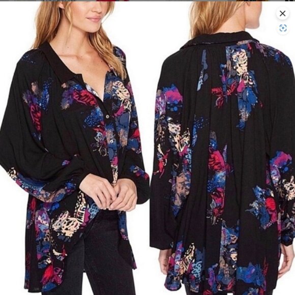 Free People Meadow Lark Button-Up Floral Tunic Top – Black – Women’s Small - Picture 6 of 11